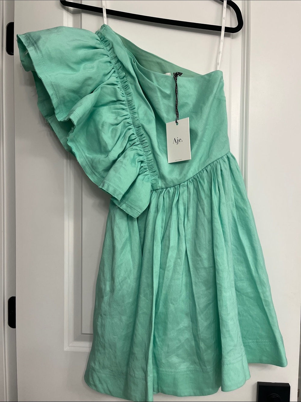 Aje Mint linen One-Shoulder Ruffle Dress nwt